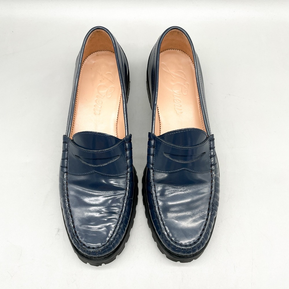 J.Crew Womens 10 Penny Loafers Navy Blue Leather Lug Sole Preppy Office Chunky